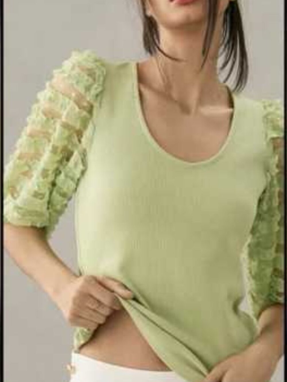 Dolan Anthropologie Ruffle Puff lace Sleeve Green‎ Ribbed Top blouse sz M - Picture 2 of 12